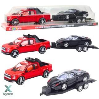 Zestaw Samochód Terenowy Czerwony Laweta Samochód Czarny Sportowy 59cm LEAN TOYS