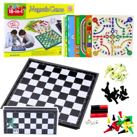Zestaw Gier Rodzinnych 18w1 Szachy Magnetyczna Szachownica LEAN TOYS