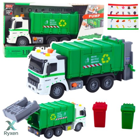 Ciężarówka Śmieciarka Pojemnik Na Śmieci Światła Dźwięki Zielona 1:16 LEAN TOYS