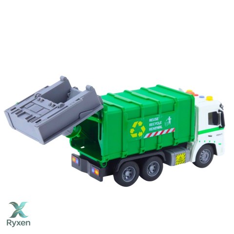 Ciężarówka Śmieciarka Pojemnik Na Śmieci Światła Dźwięki Zielona 1:16 LEAN TOYS