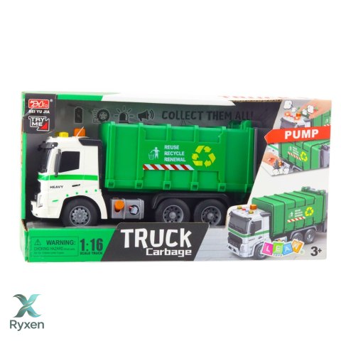 Ciężarówka Śmieciarka Pojemnik Na Śmieci Światła Dźwięki Zielona 1:16 LEAN TOYS