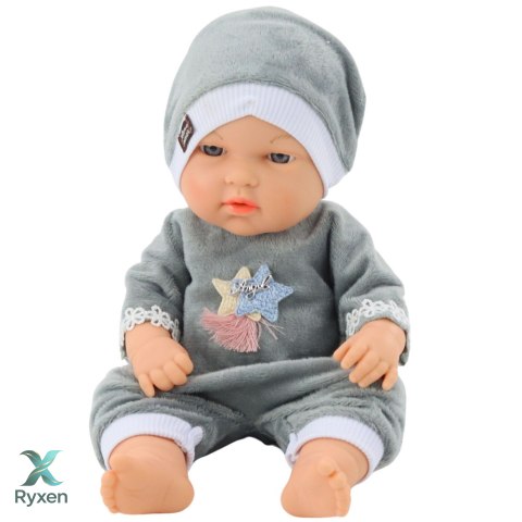 Lalka Bobas W Szarej Piżamce Czapeczka Ruchome Rączki Nóżki 30cm LEAN TOYS