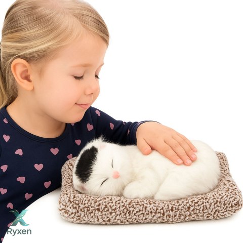 Śpiący Biały Kot Na Poduszce Figurka z Futerkiem Torba Dźwięki LEAN TOYS