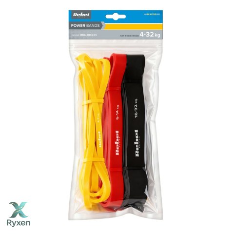 Zestaw gum do ćwiczeń TPE - Power Band PT-S3, 4-32 kg, 3 gumy TPE, REBEL ACTIVE Rebel