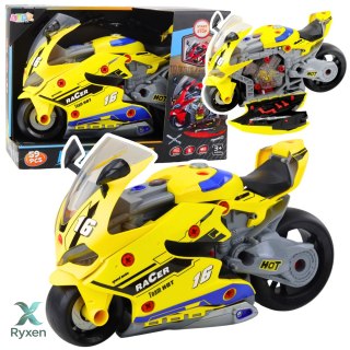 Motocykl Do Rozkręcania 2w1 DIY Warsztat Światła Dźwięki Dym Żółty 43cm LEAN TOYS