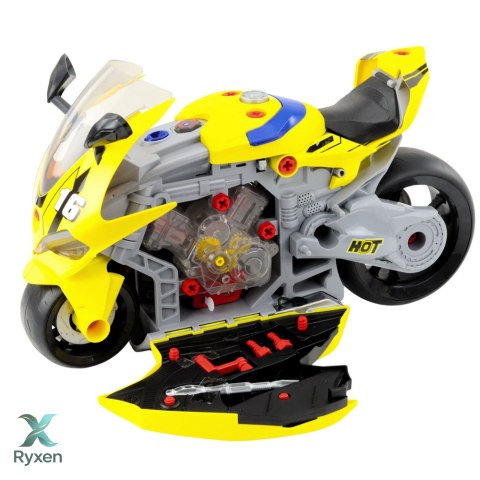 Motocykl Do Rozkręcania 2w1 DIY Warsztat Światła Dźwięki Dym Żółty 43cm LEAN TOYS