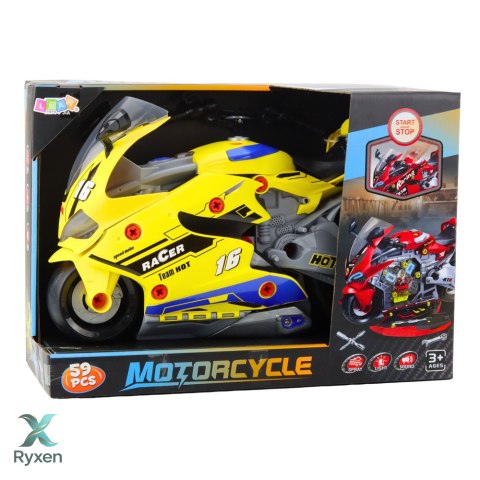 Motocykl Do Rozkręcania 2w1 DIY Warsztat Światła Dźwięki Dym Żółty 43cm LEAN TOYS