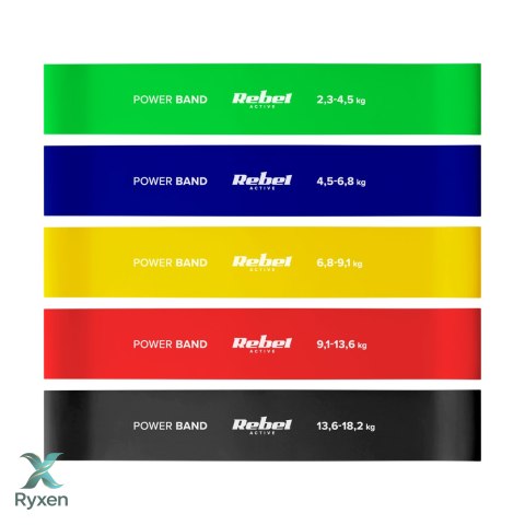 Zestaw gum do ćwiczeń TPE - Mini Band L, 2.3-18.2 kg, 5 gum, kolorowy, REBEL ACTIVE Rebel