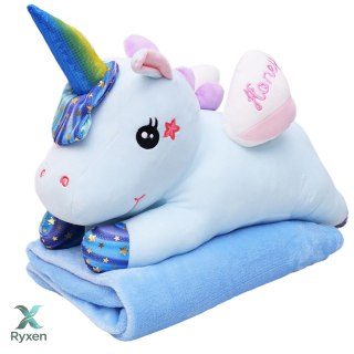 Maskotka Przytulanka Pluszowy Jednorożec Z Kocem 160x110cm Niebieski 55cm LEAN TOYS
