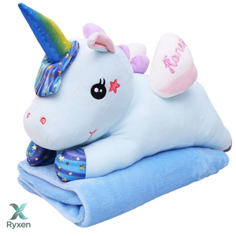 Maskotka Przytulanka Pluszowy Jednorożec Z Kocem 160x110cm Niebieski 55cm LEAN TOYS