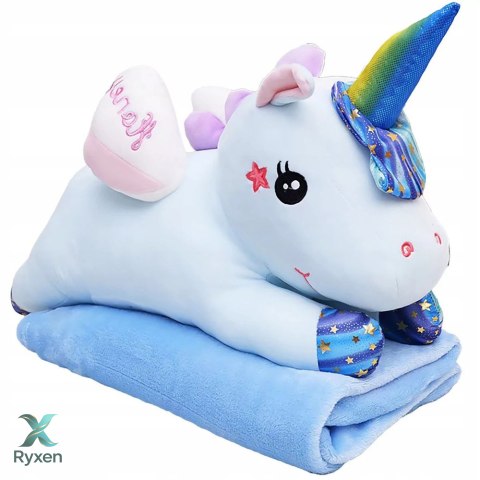 Maskotka Przytulanka Pluszowy Jednorożec Z Kocem 160x110cm Niebieski 55cm LEAN TOYS