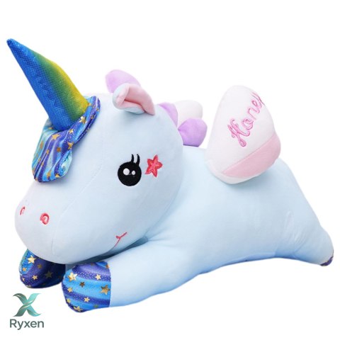 Maskotka Przytulanka Pluszowy Jednorożec Z Kocem 160x110cm Niebieski 55cm LEAN TOYS