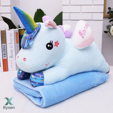 Maskotka Przytulanka Pluszowy Jednorożec Z Kocem 160x110cm Niebieski 55cm LEAN TOYS