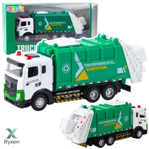 Śmieciarka Dla Dzieci Metalowa Kabina Kosz Światła Dźwięki Zielona LEAN TOYS