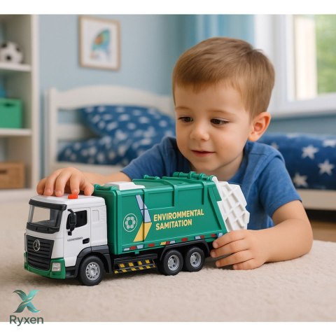 Śmieciarka Dla Dzieci Metalowa Kabina Kosz Światła Dźwięki Zielona LEAN TOYS
