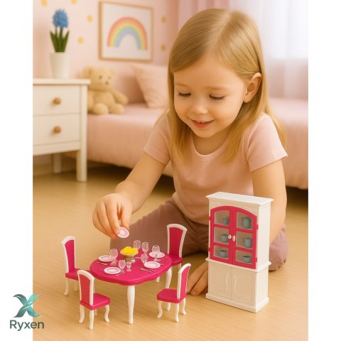 Zestaw Jadalnia Dla Lalek Stół Krzesła Kredens Zastawa LEAN TOYS
