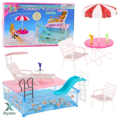 Zestaw Letni Resort Dla Lalek Basen Zjeżdżalnia Leżaki Parasol LEAN TOYS