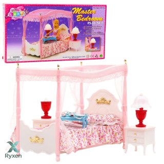 Zestaw Meble Dla Lalek Łóżko z Baldachimem Szafki Nocne Lampki LEAN TOYS