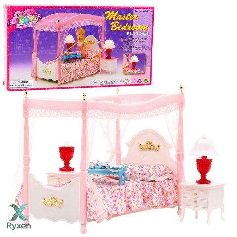 Zestaw Meble Dla Lalek Łóżko z Baldachimem Szafki Nocne Lampki LEAN TOYS