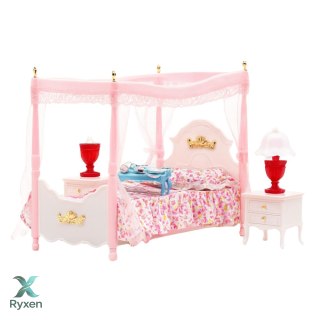Zestaw Meble Dla Lalek Łóżko z Baldachimem Szafki Nocne Lampki LEAN TOYS
