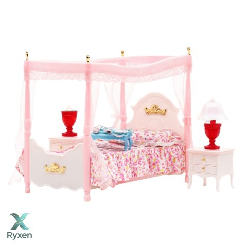 Zestaw Meble Dla Lalek Łóżko z Baldachimem Szafki Nocne Lampki LEAN TOYS