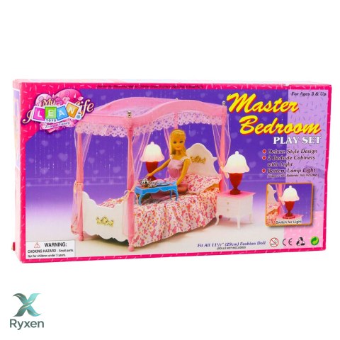Zestaw Meble Dla Lalek Łóżko z Baldachimem Szafki Nocne Lampki LEAN TOYS