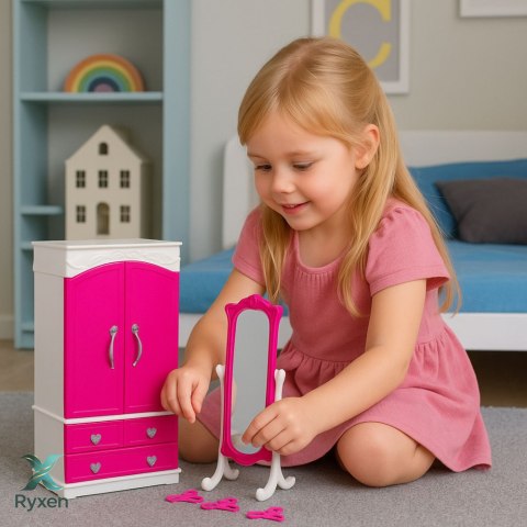 Zestaw Meble Dla Lalek Szafa Lustro Wieszaki Różowe LEAN TOYS