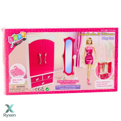 Zestaw Meble Dla Lalek Szafa Lustro Wieszaki Różowe LEAN TOYS