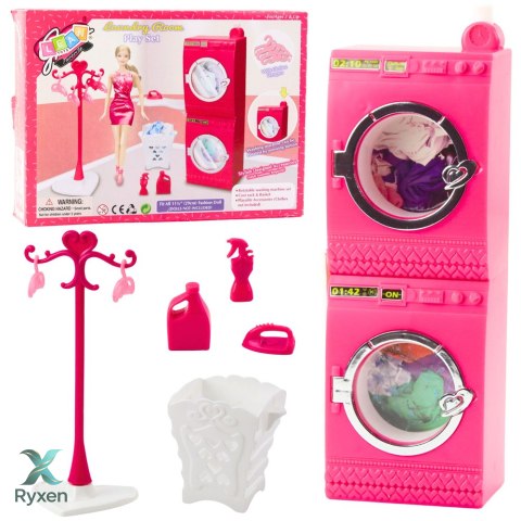 Zestaw Pralnia Dla Lalek Pralka Suszarka Wieszak Kosz Różowe LEAN TOYS