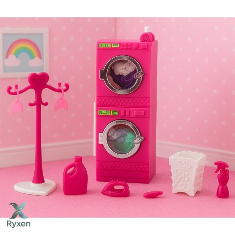 Zestaw Pralnia Dla Lalek Pralka Suszarka Wieszak Kosz Różowe LEAN TOYS