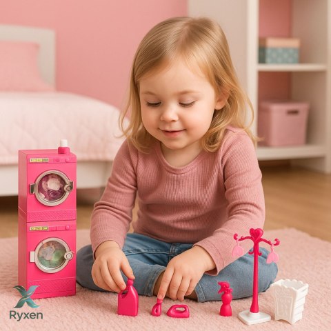 Zestaw Pralnia Dla Lalek Pralka Suszarka Wieszak Kosz Różowe LEAN TOYS