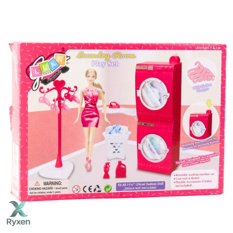 Zestaw Pralnia Dla Lalek Pralka Suszarka Wieszak Kosz Różowe LEAN TOYS
