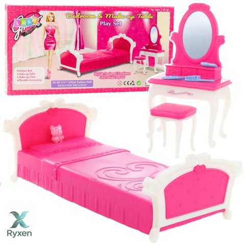 Zestaw Sypialnia Dla Lalek Toaletka Krzesełko Łóżko Różowe LEAN TOYS