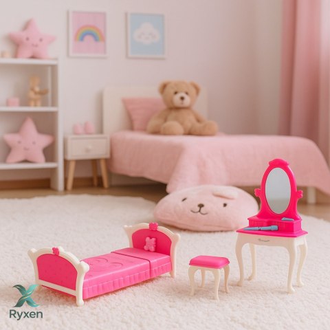 Zestaw Sypialnia Dla Lalek Toaletka Krzesełko Łóżko Różowe LEAN TOYS