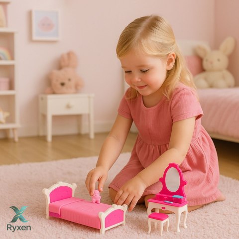 Zestaw Sypialnia Dla Lalek Toaletka Krzesełko Łóżko Różowe LEAN TOYS