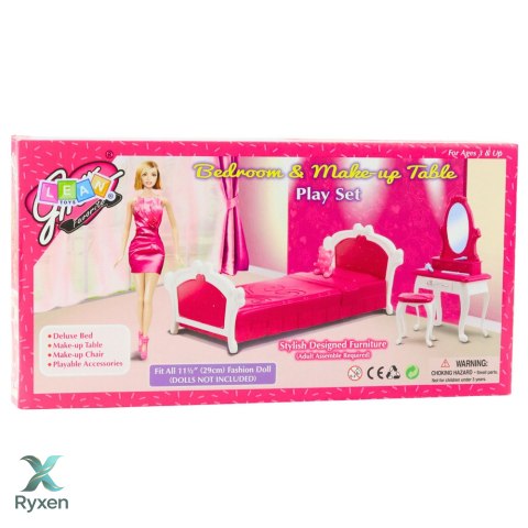 Zestaw Sypialnia Dla Lalek Toaletka Krzesełko Łóżko Różowe LEAN TOYS
