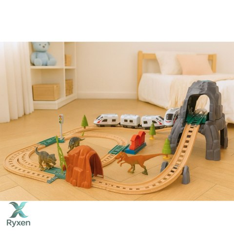 Kolejka Elektryczna Interaktywna Pociąg Wagony Tunel Wulkan Dinozaury 95 cm LEAN TOYS