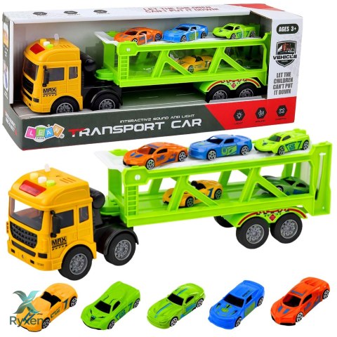 Ciężarówka Transportowa Laweta Lora Z Autkami Światła Dźwięki Zielona LEAN TOYS