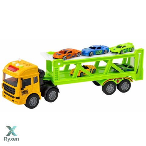 Ciężarówka Transportowa Laweta Lora Z Autkami Światła Dźwięki Zielona LEAN TOYS