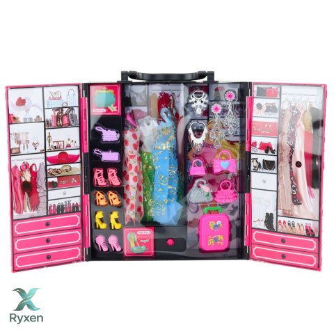 Zestaw Lalka Różowa Szafa Garderoba Dla Lalek Sukienki Buty Akcesoria LEAN TOYS