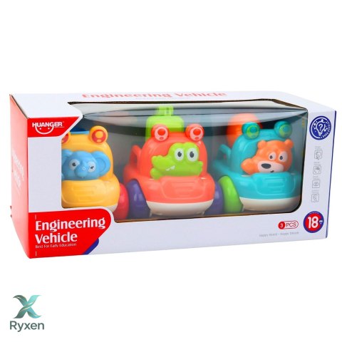 Zestaw Pojazdy Budowlane Ze Zwierzętami Dla Malucha Kolorowe 3 szt. LEAN TOYS