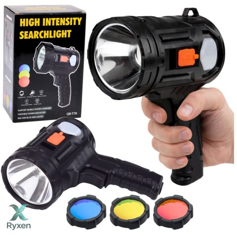 Latarka LED Szperacz Solarna 6 Trybów Powerbank Wymienne Filtry 19 cm LEAN
