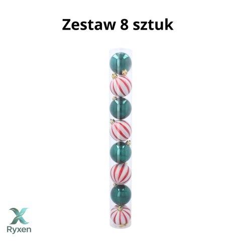 EKSKLUZYWNY ZESTAW 8 BOMBEK 6 CM - BIAŁY-CZERWONY/ZIELONY MIX WZORÓW Kamai Christmas Decorations
