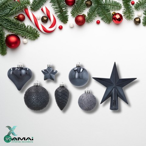 Komplet 19 Bombek Choinkowych Kamai Christmas Decoration® - Kolor Antracyt z Gwiazdą na Czubek Kamai Christmas Decorations