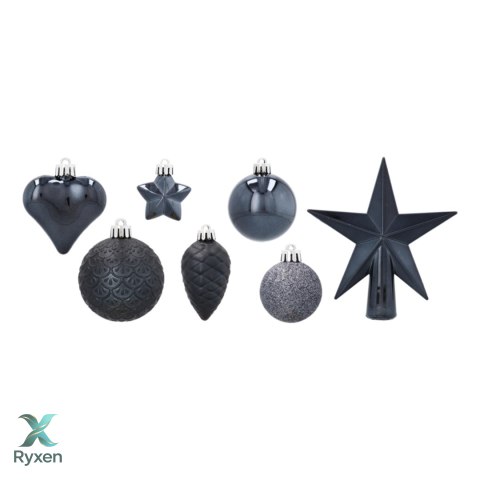 Komplet 19 Bombek Choinkowych Kamai Christmas Decoration® - Kolor Antracyt z Gwiazdą na Czubek Kamai Christmas Decorations