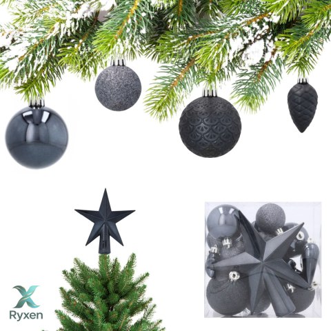 Komplet 19 Bombek Choinkowych Kamai Christmas Decoration® - Kolor Antracyt z Gwiazdą na Czubek Kamai Christmas Decorations