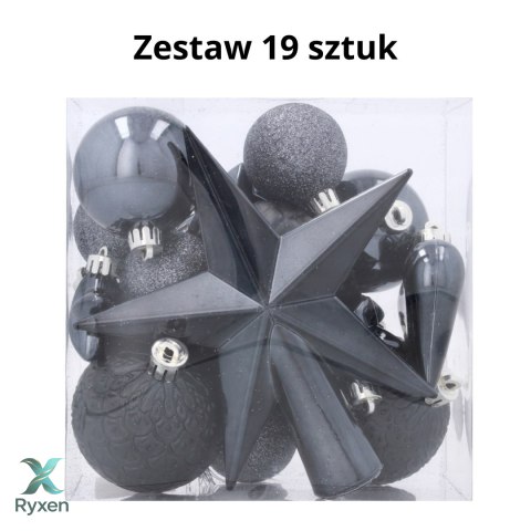 Komplet 19 Bombek Choinkowych Kamai Christmas Decoration® - Kolor Antracyt z Gwiazdą na Czubek Kamai Christmas Decorations