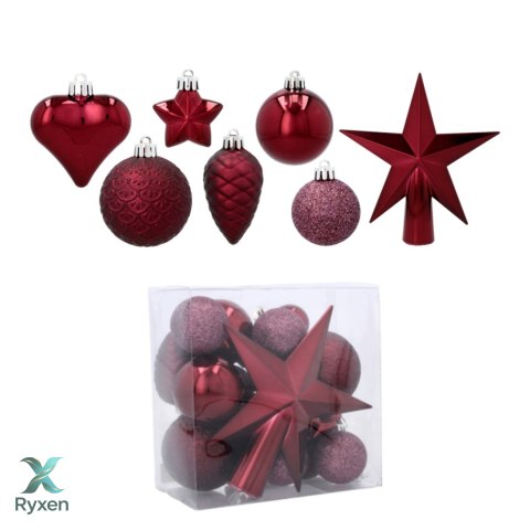 Komplet 19 Bombek Choinkowych Kamai Christmas Decoration® - Kolor Burgund z Gwiazdą na Czubek Kamai Christmas Decorations