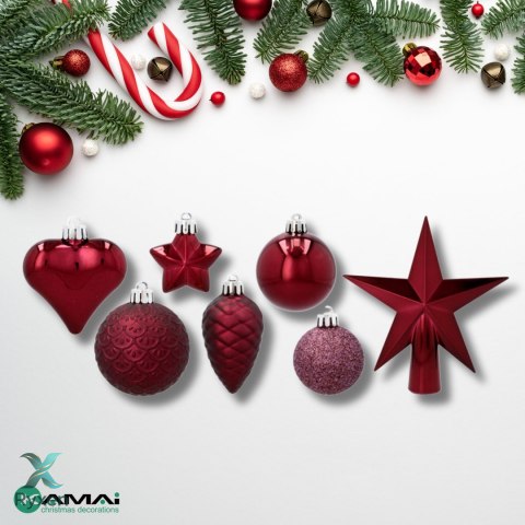 Komplet 19 Bombek Choinkowych Kamai Christmas Decoration® - Kolor Burgund z Gwiazdą na Czubek Kamai Christmas Decorations