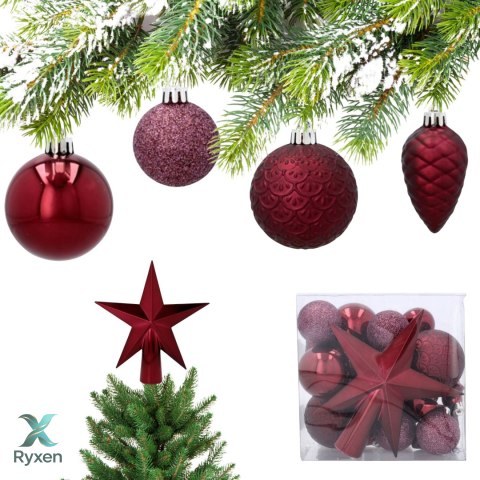 Komplet 19 Bombek Choinkowych Kamai Christmas Decoration® - Kolor Burgund z Gwiazdą na Czubek Kamai Christmas Decorations